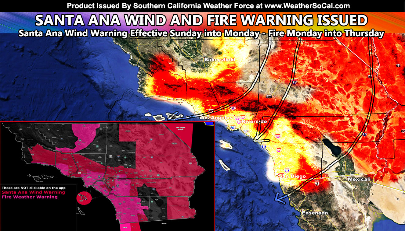 SANTA ANA WIND / FIRE WARNING:  Rare June Santa Ana Wind Event Developing Sunday night Through Monday With Dangerous Fire Hazards Up To Station Fire Levels
