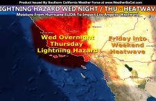 Details: Lightning Risk Overnight into Thursday Los Angeles North and Westward; Then A Strong Inland Heatwave; Heat Warnings Issued