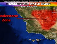 Thunderstorm Watch Issued for Kern County Effective This Afternoon till Midnight Tonight; Inland Light Rain Elsewhere