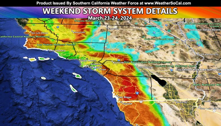 Final Forecast:  Weekend of March 23, 2024, Rain, Snow, and Wind Forecast Maps for Southern California